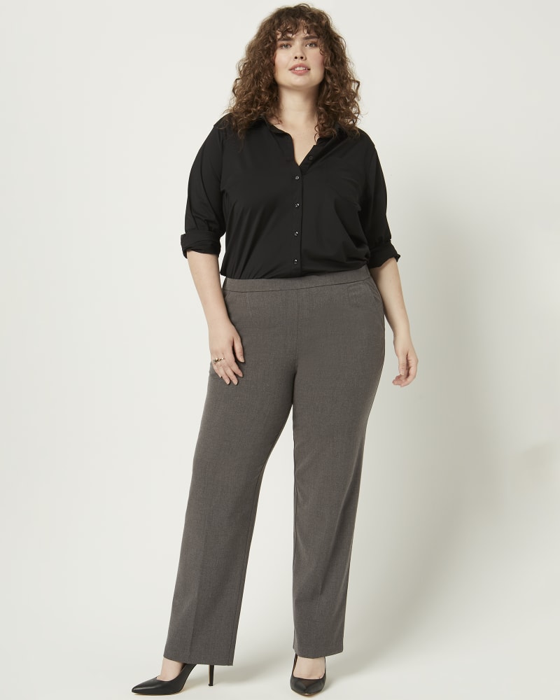 Front of a model wearing a size 16 Xanthe Pull-On Work Pant in Charcoal Grey by BRIGGS. | dia_product_style_image_id:215856